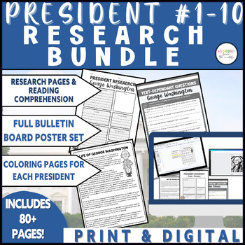 Preview of President #1-10 Research Bundle|Reading Comp-Bulletin Board- Print & Digital