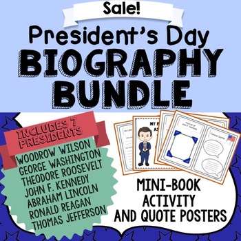 Preview of President's Day Biography Bundle, 7 Mini Book Activities, 24 Quote Posters
