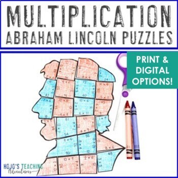 Preview of MULTIPLICATION Presidents Day Craft Math Center | Abraham Lincoln Puzzle