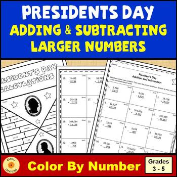 Preview of Presidents Day Color By Number Adding and Subtracting Larger Numbers Worksheet