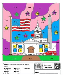 Preview of President's Day Coloring by Code Worksheet (Addition 0 to 10)