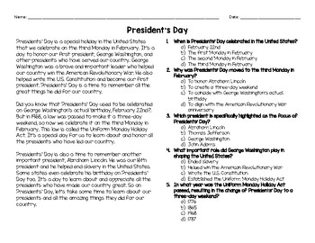 Preview of President's Day | Comprehension | Passage & Questions | Written Response