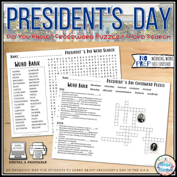 Preview of President's Day Crossword & Word Search Activity {Digital & Printable Resource}