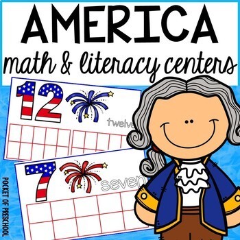 Preview of USA President’s Day, Election, Veterans Day, 4th of July Math & Literacy Centers