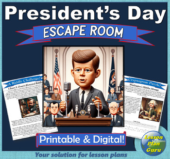 Preview of President's Day Escape Room Activity! (Digital & Printable!) For 5th-6th Grades!