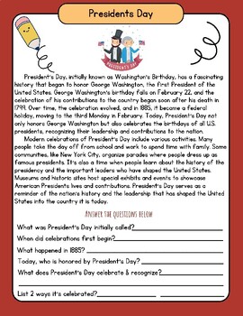 Preview of President's Day History Worksheet Reading Comprehension Question and Answer FUN