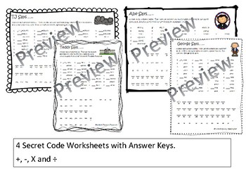 Preview of President's Day Math Facts Secret Code Bundle