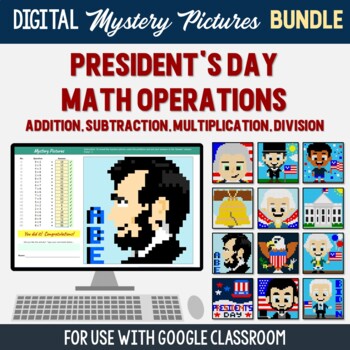 Preview of President's Day Math Google Classroom Digital Mystery Picture Activity Pixel Art