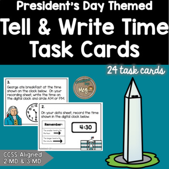Preview of President's Day Math: Tell and Write Time Task Cards {2.MD.C.7 & 3.MD.A.1}