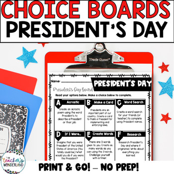 Preview of President's Day Menus - Choice Boards and Activities- 3rd - 5th Grade