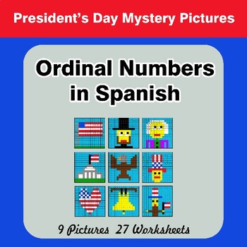 Preview of President's Day: Ordinal Numbers in Spanish - Math Mystery Pictures