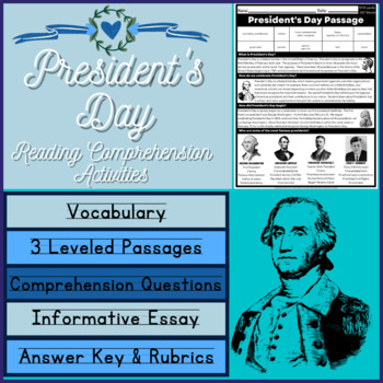 Preview of President's Day Reading Comprehension Passages Questions Vocabulary Essay