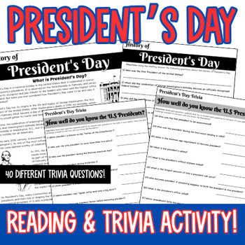 Preview of History of President's Day: Reading, Questions, and Trivia Activity!
