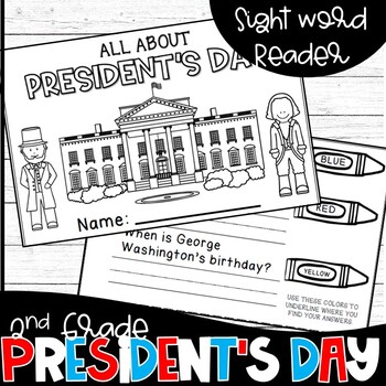 Preview of President's Day Sight Word Reader, Comprehension, Word Search, and Coloring