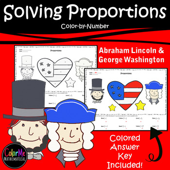 Preview of Abraham Lincoln & George Washington Solving Proportion Color-by-Number Worksheet