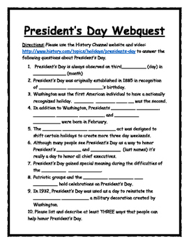 Preview of President's Day Webquest