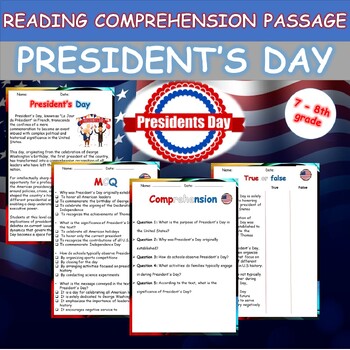 Preview of President's day reading comprehension passage activities 7-8th grades