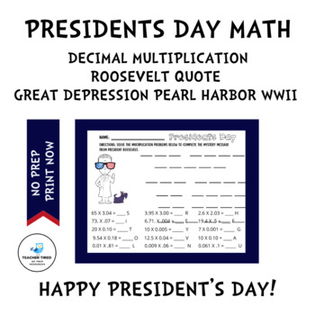 Preview of Presidential Day Math Decimal Multiplication President's Day Activities