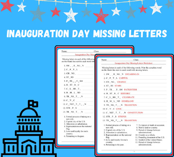 Preview of Presidents Day Worksheet - Inauguration Day Vocabulary Missing Letters
