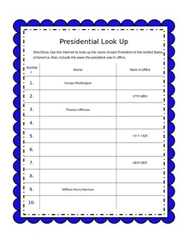 Preview of Presidential Look Up Computer Lab Activity