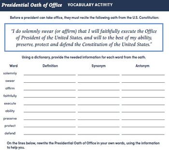 Preview of Presidential Oath of Office - Vocabulary Activity