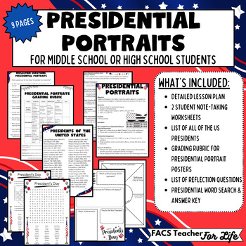 Preview of Presidential Portraits- President's Day, Social Studies, Middle or High School