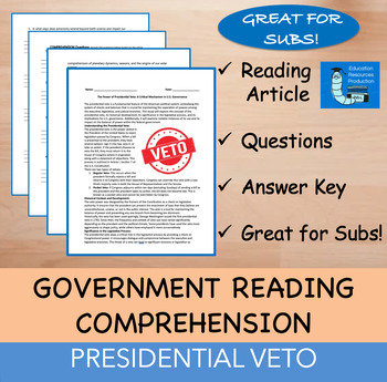Preview of Presidential Veto - Reading Comprehension Passage & Questions