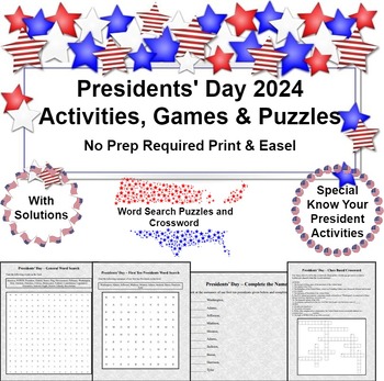 Preview of Presidents' Day 2024 Activities, Games & Puzzles: PDF & Easel (No Prep)