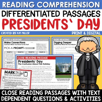 Preview of Presidents' Day Activities Reading Comprehension Passage Questions Close Reading