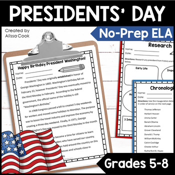 Preview of Presidents Day Activities ELA and Reading | President's Day Middle School