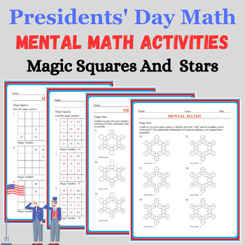 Preview of Presidents Day Activities: Funny Mental Math Magic Stars & Squares Worksheet