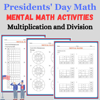 Preview of Presidents Day Activities: Funny Mental Math Table, Circle Drills Mult Div Box