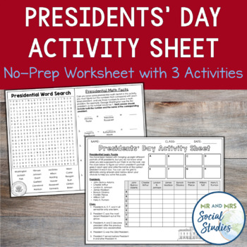 Preview of Presidents Day Activities | Worksheet with Word Search, Puzzle, + Math Activity