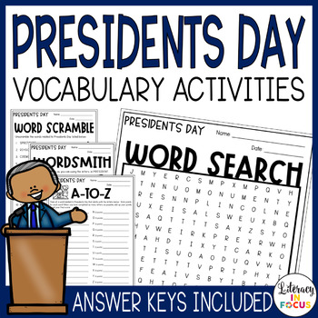 Preview of Presidents Day Activities | Vocabulary Worksheets | Word Search | Printable