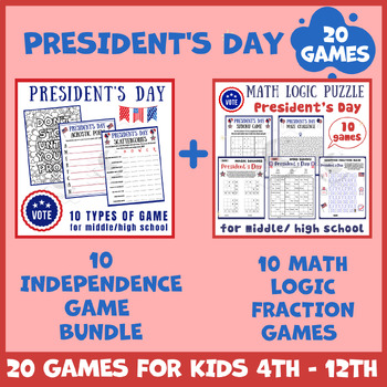 Preview of Presidents Day BUNDLE math puzzle worksheet icebreaker game brain breaks no prep