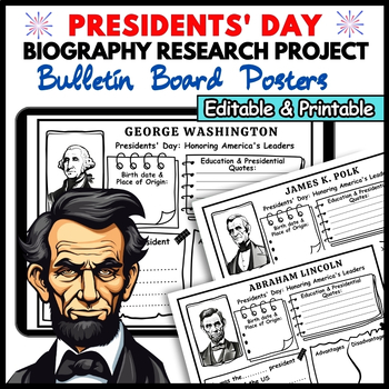 Preview of Presidents' Day Biography Research Project Bulletin Board Posters -US - Editable