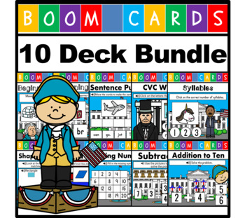 Preview of Presidents' Day Boom Cards - Math and Language Arts Bundle (With Audio)