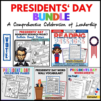 Preview of Presidents Day Bundle: Activities, Reading, Biography, Vocabulary, Coloring...