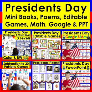 Preview of Presidents' Day Bundle Google Slides,Mini Books, Subtraction, Poems PPT Games