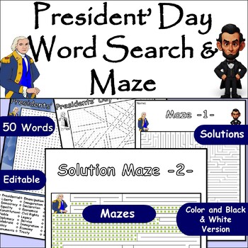 Preview of Presidents’ Day Challenge: Maze & 50 Words Hard Find Puzzle Search/ Word Search