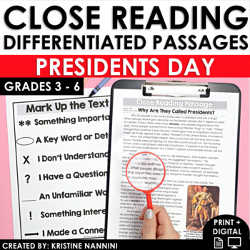 Preview of Presidents Day Close Reading | Differentiated Reading Passages and Questions
