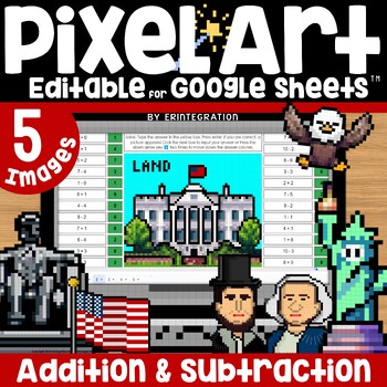 Preview of Presidents Day Mystery Pixel Art Math Addition and Subtraction on Google Sheets