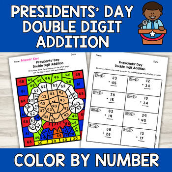 Preview of Presidents Day Double Digit Addition Color by Number | Math Coloring Center