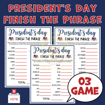 Preview of Presidents Day Finish the Phrase activity word problem crossword middle high 7th