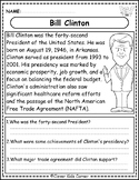 Presidents' Day Free Reading Comprehension: Bill Clinton, 