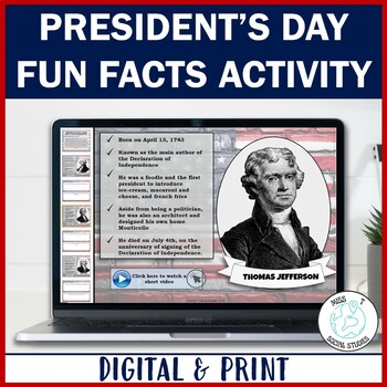 Preview of Presidents Day Fun Facts Activity: US History Presidencies: Digital and Print