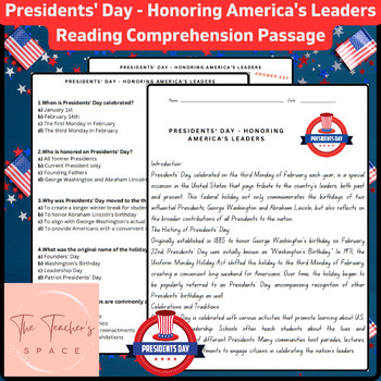 Preview of Presidents' Day - Honoring America's Leaders Reading Comprehension Passage