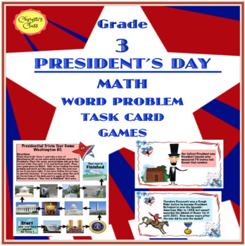 Preview of Presidents' Day Math Word Problem Task Card Games for 3rd: Print and Digital
