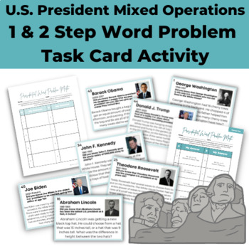 Preview of Presidents' Day Mixed Operation 1 & 2 Step Math Word Problems Task Card Activity