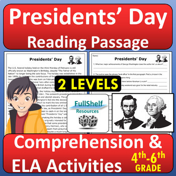Preview of Presidents' Day Reading Comprehension Passage ELA Activities 4th 5th 6th Grade
